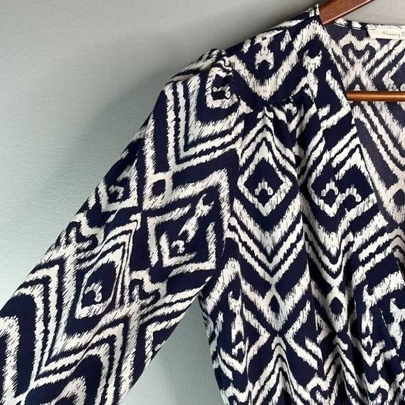 HONEY BELLE Print Crossover Mini Dress Navy Print V-neck Long Sleeve Boho Size S - Picture 5 of 12